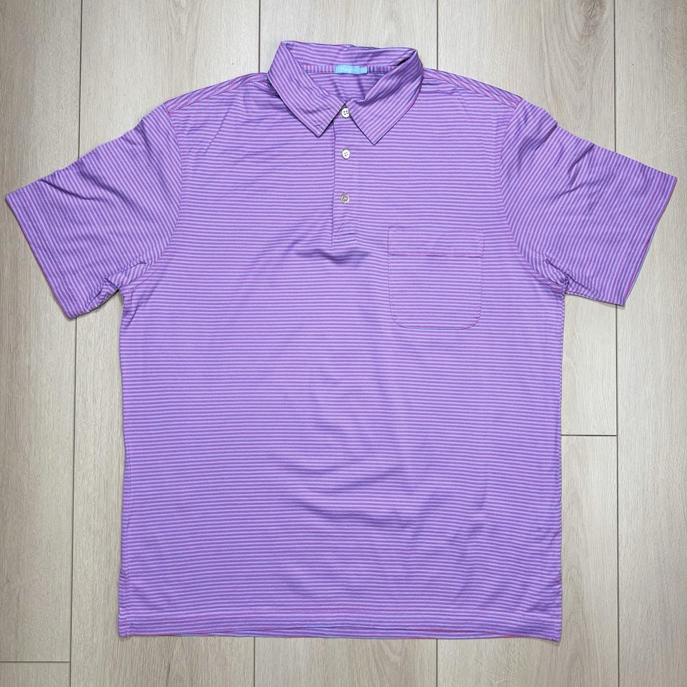 J McLaughlin Mens L Polo Shirt Pink Blue Stripe‎ Pima Cotton Golf Pocket Casual